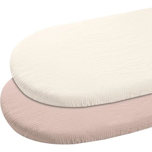 Muslin Bassinet Fitted Sheets, 2 Pack for Baby Boy and Girl, Soft Breathable Stretchy Baby Pad/Mattress Sheet Set, Universal Fit for Hourglass Oval and Rectangle Bassinet Mattress (Gentle Colors)