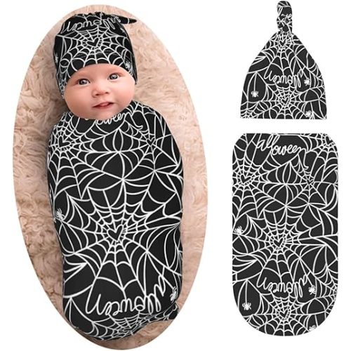 Halloween Baby Stuff Goth Swaddle Blankets Beanie Hat Sets, Soft and Stretchy Spider Web Newborn Blanket Swaddle Sack for Baby Shower Infant Boy and Girl