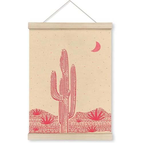 HRQKO Pink Western Cactus Wall Art Poster Hanger Frame, Cactus Wall Decor, Desert Wall Art with Wooden Frames, Mid Century Southwest Hanging Banner Decor For Girl Dorm Room Essentials, 12x16 Inch