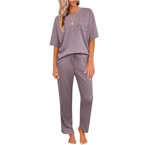 JiniGolla Womens Pajama Sets Waffle Knit Short Sleeve Shirt with Long Pajama Pants Soft Sleepwear Pj Lounge Sets