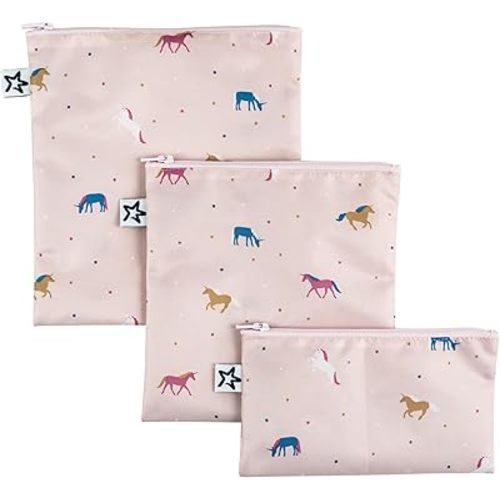 Tiny Twinkle Reusable Snack Bags for Kids – 3 Pack Snack Pouches & Sandwich Bag for Toddlers – Machine Washable, Mess-Proof for Lunch & Travel (Unicorn)