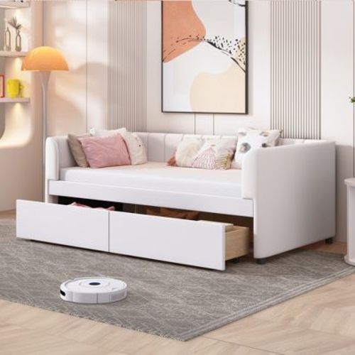 Twin Size Upholstered Daybed with Ergonomic Design Backrest and 2 Drawers, Beige 4N - ModernLuxe