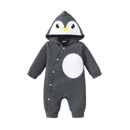 Mikrdoo Newborn Baby Boys Romper 0 Months Baby Boys Penguin Image Jumpsuit 1 Months Baby Boys Single Breasted Design Hoodies One Piece Bodysuit Gray