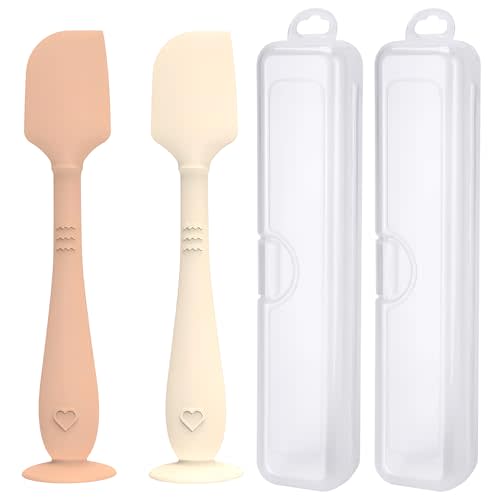2 Pack Diaper Cream Spatula with Hygienic Travel Case, Butt Spatula Baby with Suction Base, Baby Butt Paste Spatula, Soft Silicone Diaper Rash Cream Applicator Large Size (Brown & Offwhite)