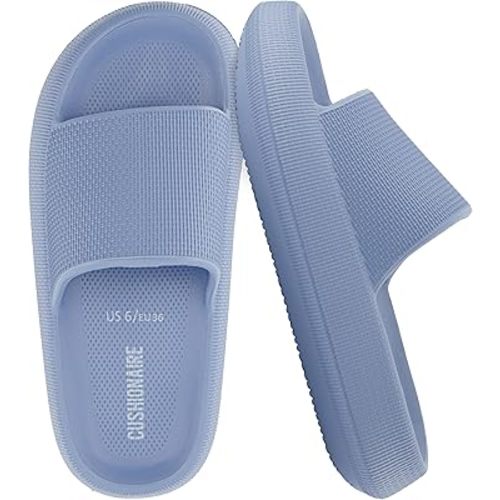 CUSHIONAIRE Feather EVA Slides for Women – Comfortable Slip On Womens Slippers, Indoor Outdoor Shower Shoes, Beach Essential Cloud Slides