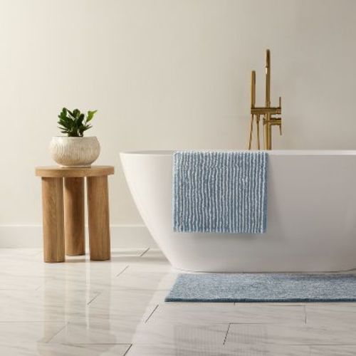 Luxury Cotton Pinstripe Bath Mat, Thick Tufted Bath Rug, Absorbent Non Slip Spa Bathroom Rug, Machine Washable - Becky Cameron, Light Blue, 24" x 17"