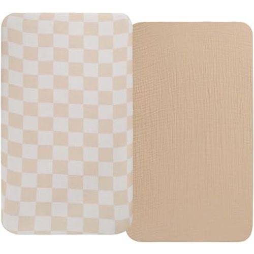 Onacosht Muslin Bassinet Sheets 2 Pack, 35"x20", Checker and Oatmeal