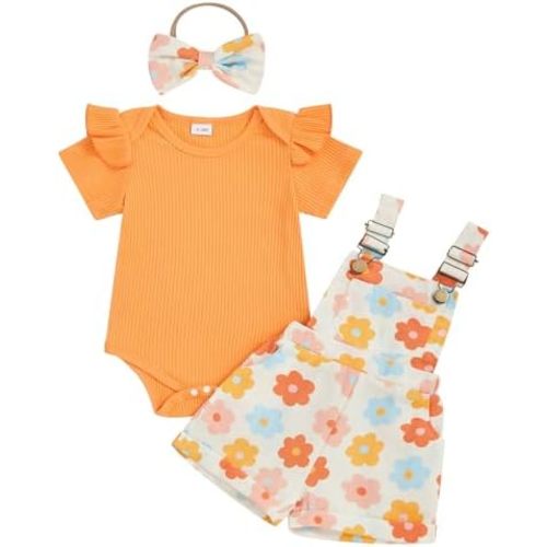 Toddler Baby Girl Overalls Clothes Ribbed Ruffle Sleeve Romper Top Daisy Suspender Jumpsuit Shortall Summer Outfit