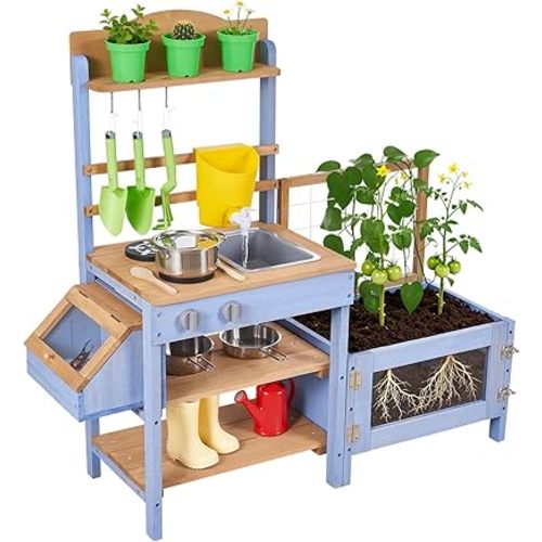 VEVOR Mud Kitchen, Outdoor Mud Kitchen for Kids, Wood Outdoor Play Kitchens with Planting Box, Critter Catcher Container, Tank, Sink, Cookware Pots and Accessories, Wooden Play Kitchens for Lawn, Yard