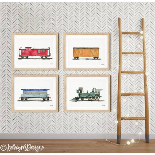 Set of 4 Train Art Prints, Steam Locomotive Wall Art, Railroad Car Train Decor, Toddler Boy Bedroom Art, Train Caboose, Kid Room Decor