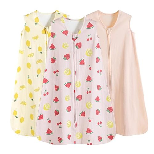 PHF Soft Baby Sleep Sack 6-12 Months 100% Cotton Baby Wearable Blanket, 2-Way Zipper 0.5 TOG Toddler Sleeping Bags 3 Pack, Comfy Sleep Bag for Baby Boys Girls, Lemon (Medium)