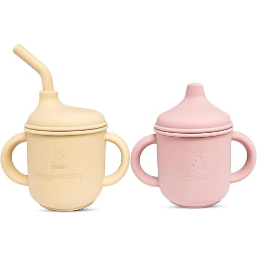 Silicone Transition Sippy Cup for 6+ month old | Includes 1 Toddler straw cup & 1 Baby Sippy Cup with Handles 5 oz | Perfect for Baby Led Weaning (Cream/Rose Quartz, 5 oz)