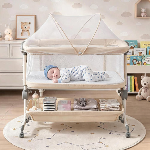 Rebrilliant 3-in-1 Portable Baby Bedside Sleeper Bassinet, 6 Heights Adjustable, Anti-Reflux Incline, Travel Crib with Wheels Storage Bag, Mosquito Net, Carry Bag, khaki | Wayfair