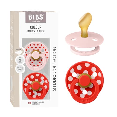 BIBS Colour Polka Dots Pacifier, 6-18 Months, 2-Pack, Blossom/Candy Apple | Anatomical Natural Rubber Nipple | Size 2 | BPA-Free | Made in Denmark | High Nipple Acceptance | Airflow Holes