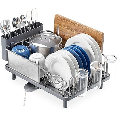 Stainless Steel Dish Drying Rack - Large Capcity 304 Grade Dish Drainer for Kitchen Counter with Drain Board, Utensil Holder & Detachable Cup Shelf, Rustproof Multifunctional Organizer