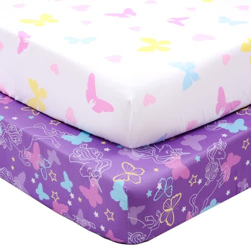 UOMNY Crib Sheet Set for Girls,Butterfly Fitted Crib Sheets Baby Sheet Set for Standard Crib and Toddler mattresses Nursery Bedding Sheet for Girls 2 Pack Pink,Purple Pattern