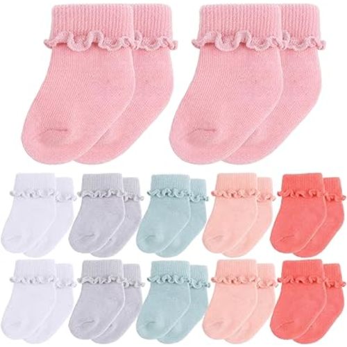 Toulite 12 Pairs Preemie Newborn Baby Ankle Socks Ruffle Turn Cuff Cotton Non-slip Warm Socks for Girls and Boys Infant