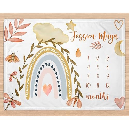 IZI POD Custom Boho Baby Girl Blankets - Boy Girl Rainbow Blanket - Boho Baby Monthly Blankets - Personalized Expecting Mom Gift, Nursery Blanket
