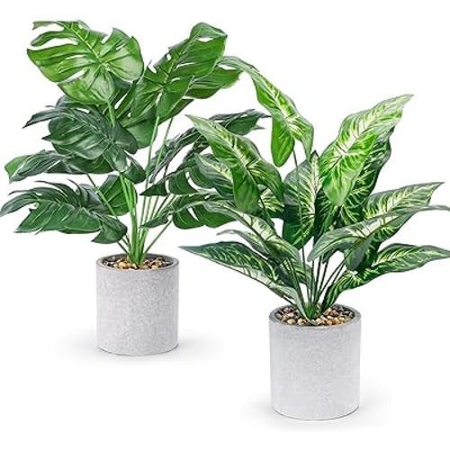 2pcs Fake Plants 16" Faux Plants Artificial Tropical Plants Indoor for Home Office Desk Kitchen Bathroom Table Shelf Decor