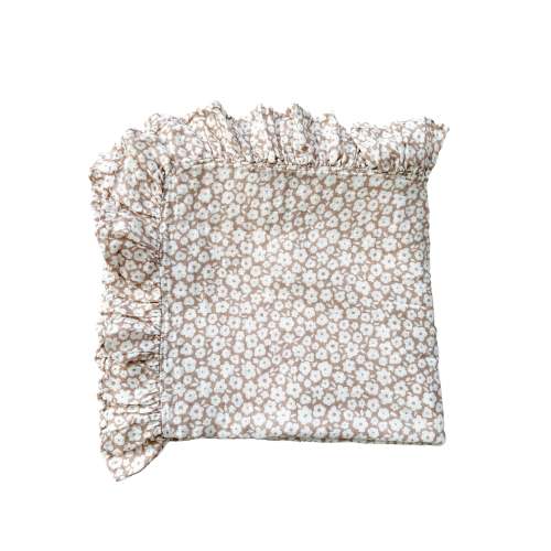 Organic Muslin Swaddle Blanket - Mocha Ditsy Floral Ruffle - Harp Angel Boutique