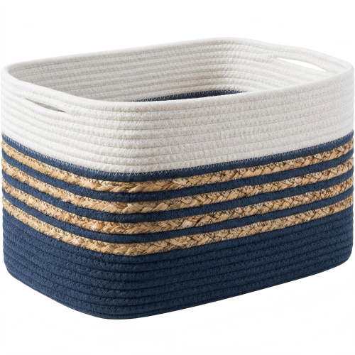 Navy blue woven cotton rope storage basket with sturdy handles – perfect for organizing toys, towels, books & magazines. Multi-purpose decor fits shelves/cabinets. Rectangle design
