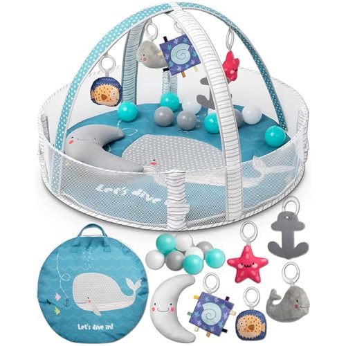 TODDLETUFF Baby Play Gym, Activity Mat | Baby Ball Pit Play Area with 5 Detachable Toys + Half Moon Pillow | Tummy Time Mat Promotes Motor Skills & Sensory Development [Whale Theme]