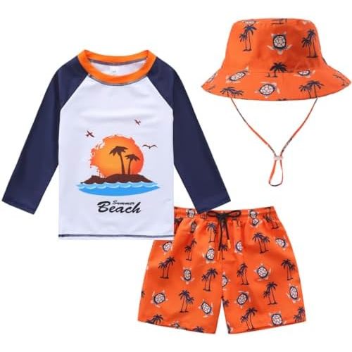 Toddlers and Baby Boys' 3-Piece Swimsuit Trunk and Rashguard Sun Hat Set
