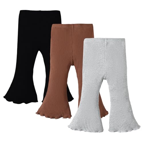 SOBOWO Baby Girl Flare Pants 3 Pack Toddler Solid Ribbed Ruffle Bell Bottoms Pants Trousers Fall Outfits