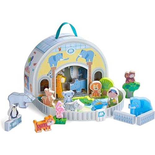 HABA Wooden Animal Playset - Play World at The Zoo, STEM Educational Toy with Zoo Animals & Accessories, Preschool Learning Toy for Ages 2+, Made in Germany