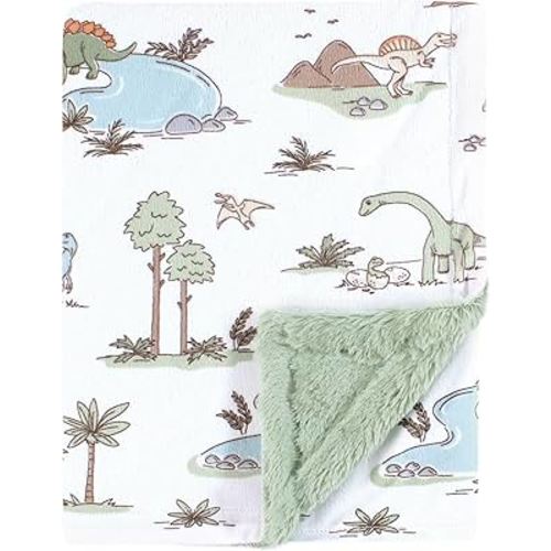 Hudson Baby Unisex Baby Plush Blanket with Furry Binding and Back, Dinosaur Adventures, One Size