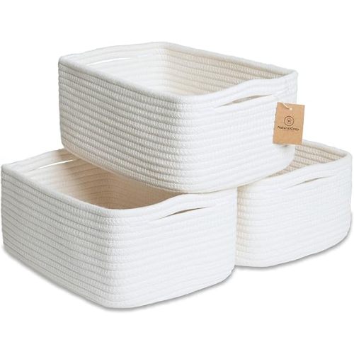NaturalCozy 11.8"x8"x4.5” Storage Baskets for Shelves 3 Pack | Cotton Rope Woven Small Baskets for Organizing | Small Storage Bins for Nursery, Bathroom, Closet, Cube Shelf, Decorative, Gift Basket