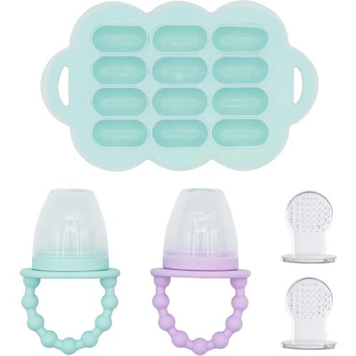 WeeSprout Silicone Baby Food Feeders + Freezer Tray for Batch Prep, Set of 2, Introduce New Foods Safely, Double as Teething Toys, Includes 2 Extra Pouches & Travel Lids, Dishwasher Safe