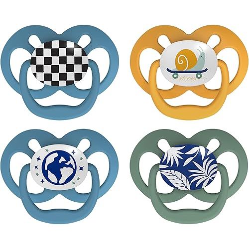 Dr. Brown's Advantage Glow-in-the-Dark Baby Pacifier, Fully Symmetrical Soother with Soft Silicone Bulb, Skateboard Snail-Blue Nature, 6-18m, BPA Free, 4 Pack