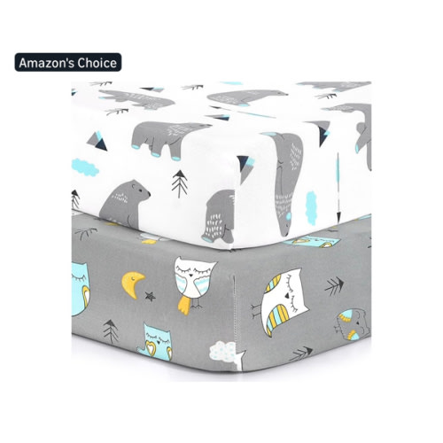 BROLEX Baby Fitted Crib Sheets: Kid Crib Sheets - Set of 2 for Toddler Standard Size Crib Mattress for Boys and Girls - Jersey Knit Crib Bed Sheets Owl Bear