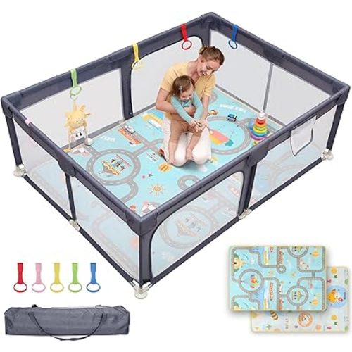 Dripex Playpen with Mat, 71×47 Inch Baby Playpen for Infants & Toddlers, Soft Breathable Visible Mesh, Indoor/Outdoor Portable Play Yard, Safe Baby Fence Play Area, Dark Grey