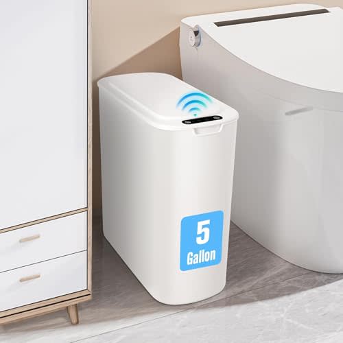 Cesun 5 Gallon Automatic Bathroom Trash Can with Lid, White, Touchless | Motion Sensor, Slim, Small Smart Garbage Bin, Plastic, Battery Operated, Manual Button, for Office/RV/Bedroom/Living Room