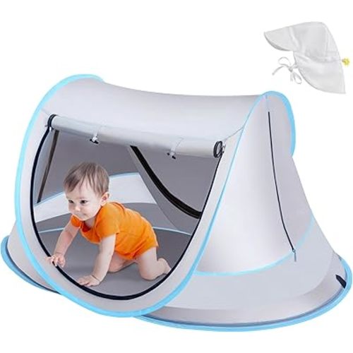 Baby Beach Tent with Baby Hat, Pop Up Toddler Travel Tent with Sun Hat for Boys or Girls, Sun Shade for Toddler Camping, Infant Portable Sun Shade, Summer Beach Baby (Blue Baby Tent with Hat)