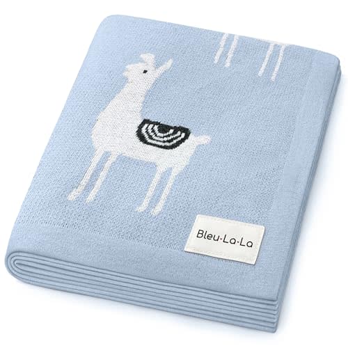 Baby Receiving Swaddle Stroller Blanket - 100% Fine Loomed Cotton Cozy Cuddle Crib Stroller Unisex Quilt Knit Blanket for Newborns Infants Toddler Boys and Girls (Llama - Baby Blue)