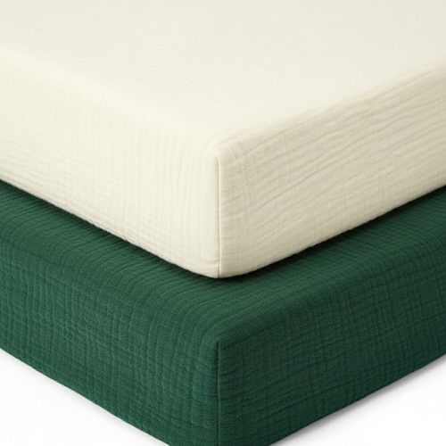 2 Pack Muslin Crib Sheets for Boys & Girl- Neutral Breathable Cotton Crib Mattress Sheets Fitted for Standard 28"x 52"- Nursery Décor Ivory & Emerald Green