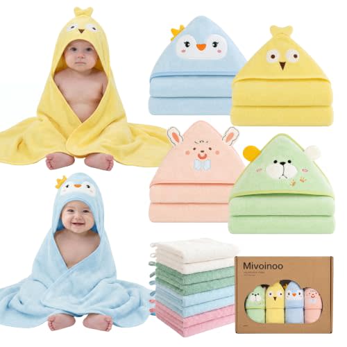 12 Pack Hooded Baby Bath Towel Set,4 Towels and 8 Washcloths | 4 Ultra-soft Cute Animal Hooded Towels & 8 Absorbent Washcloths for Newborns Toddlers Registry Baby Shower Essentials Gift