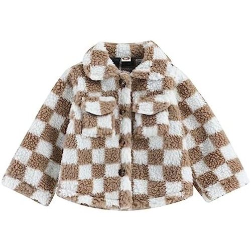 Yoawdats Toddler Baby Girl Boy Cute Sherpa Fleece Jacket Checkered Long Sleeve Button Down Coat Teddy Casual Outerwear