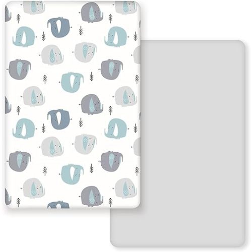GRSSDER Stretchy Ultra Soft Jersey Knit Fitted Pack n Play Sheets Set 2 Pack, Portable/Mini Cribs Playards Sheets with Deep Pocket, Cute Elephant for Girls and Boys