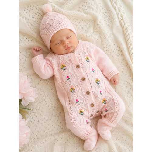 Blush Pink Knit Romper & Hat Set, Floral Embroidered Newborn Outfit