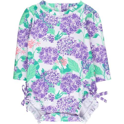 RuffleButts Baby Girls UPF 50+ Sun Protection Floral Printed Long Sleeve One Piece Rash Guard Swimsuit with Zipper