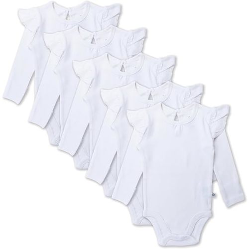 HonestBaby Baby Girls' 5-pack Long Sleeve Ruffle Shoulder Bodysuits 100% Organic Cotton for Infant Baby Girls