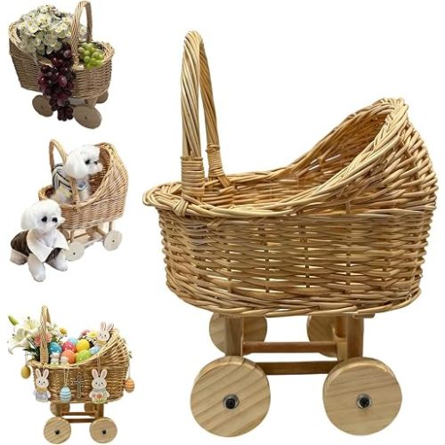 Handmade Wicker Planter Basket, Easter Basket Wicker Carriage Planter, Small Stroller Design Fruit Gift Box for Home Decor, Centerpiece Candy Storage, Wedding, Theme Party