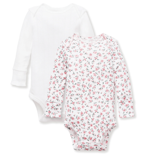 Baby's Pointelle Long Sleeve Onesie Set of 2, White & Pink Floral