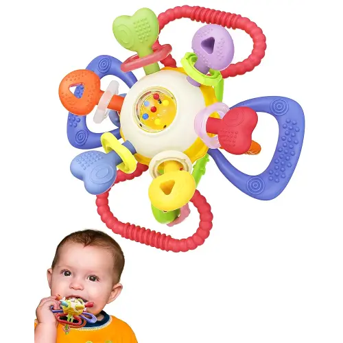Baby Montessori Sensory Teething Toy – Safe, Multi-Functional BPA-Free Silicone Teether Toy for Babies 0-12 Months – Vibrant Rattle for Teething Relief & Fun Play – Perfect Baby Toys for Boys & Girls