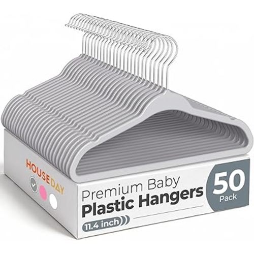 HOUSE DAY 11.4 Inch Baby Hangers 50 Pack - Plastic Kids Hangers Space Saving Thin Profile, Children Closet Organizers with Rotatable Hook of 360°, Heavy Duty for Toddler Clothes Nursery - Gray