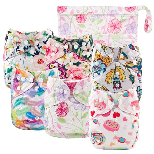Babygoal Cloth Diaper Cover for Girls,Baby Adjustable Reusable Covers for Fitted Diapers and Prefolds, 6pcs Baby Clothes Covers+One Wet Bag 6DCF04